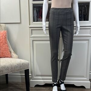 Chic Women's Gray Plaid Skinny Pants, in grey with blue and tan stripes, size S